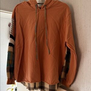 Coral Hoodie with Plaid Sleeves